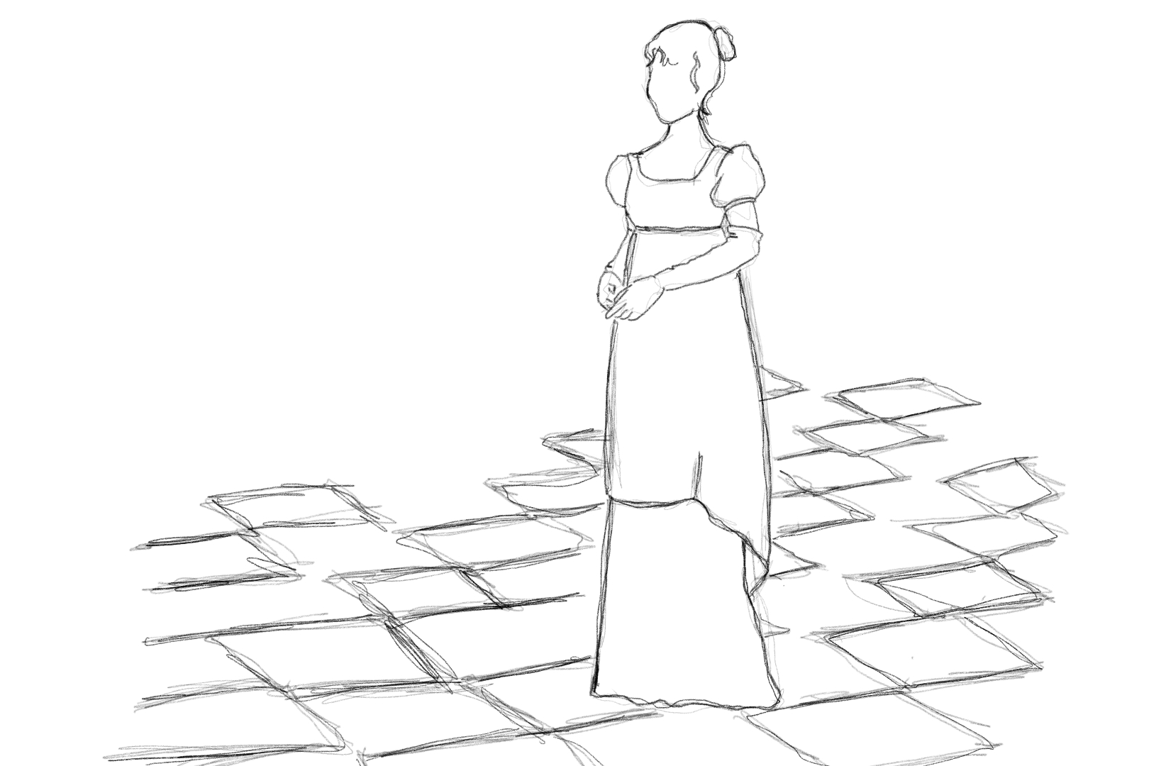 Drawing of a woman on a cobbled street in Regency era.